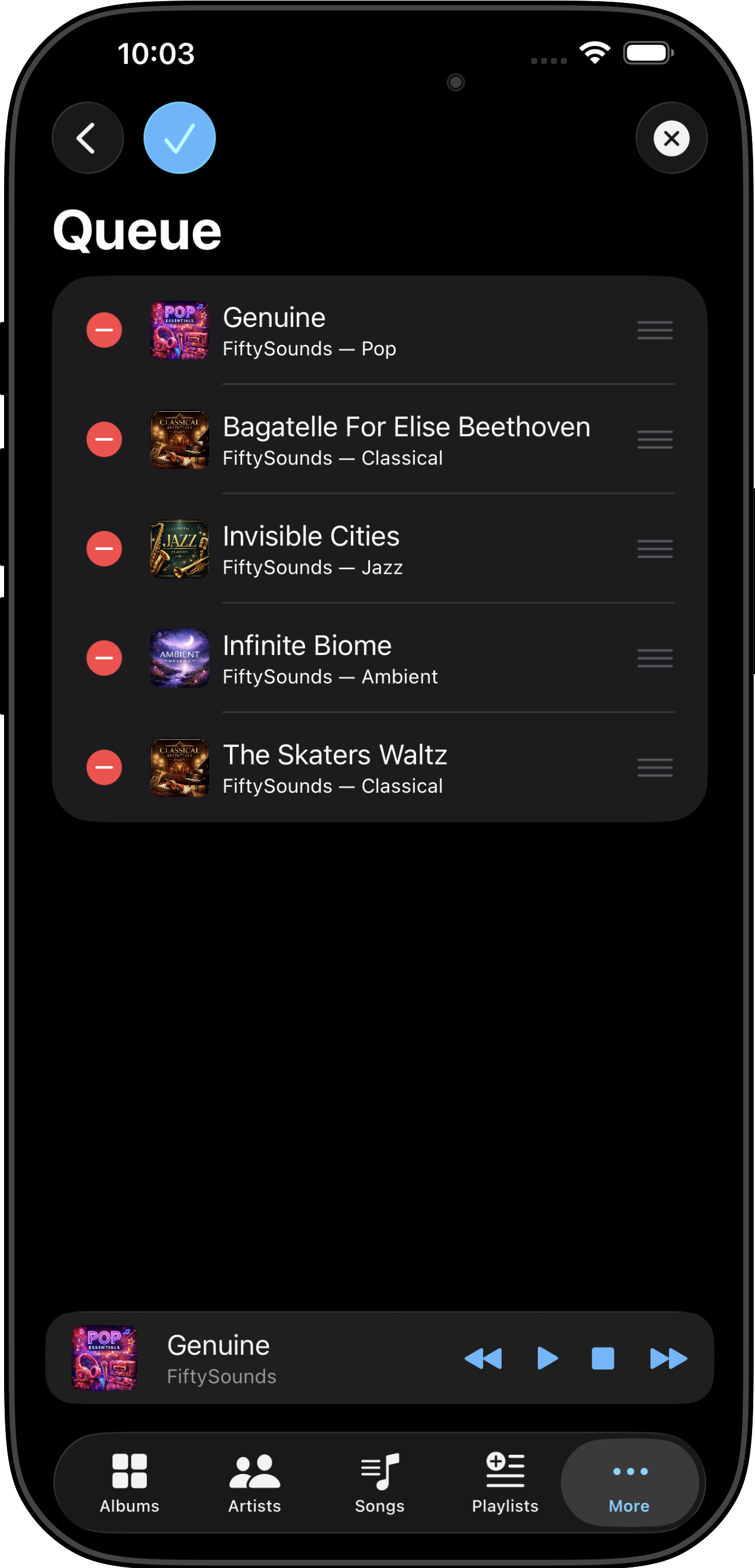 Playback queue controls in Off-Grid Music Player